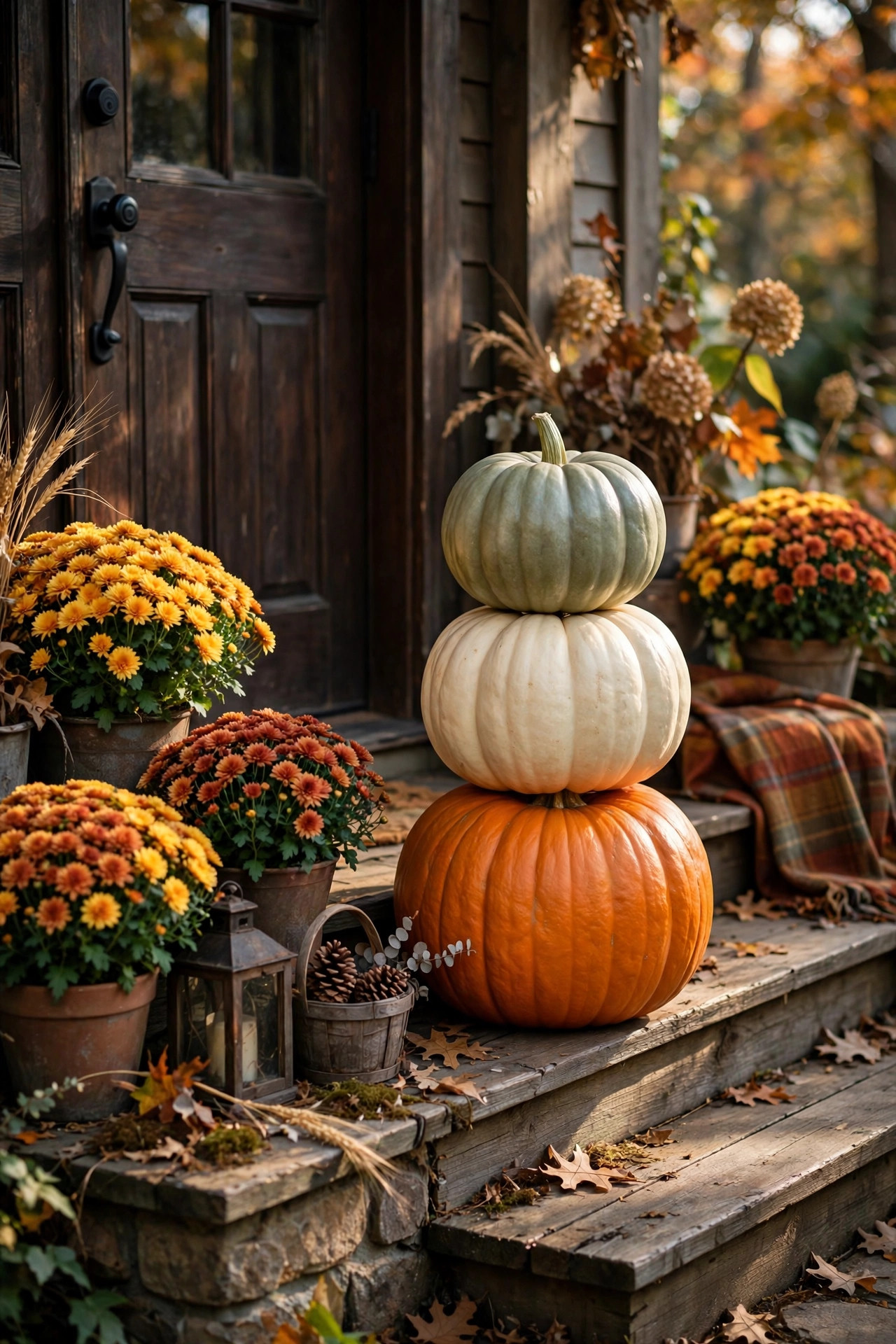 Stacked pumpkin tower in orange, cream and sage green on rustic front porch steps beside a wooden front door with potted mums