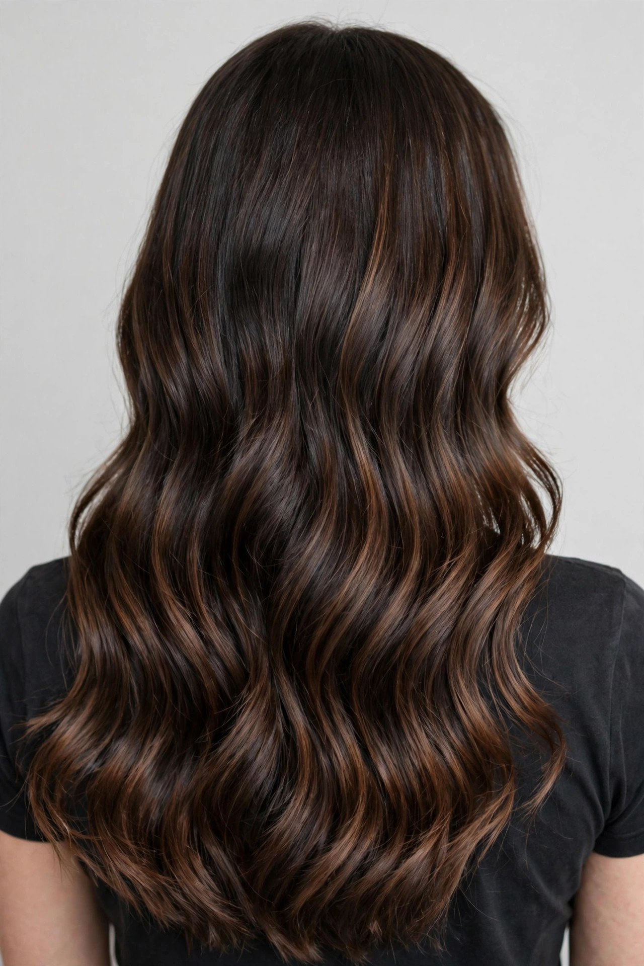 Long dark brown hair with classic mocha balayage melting from mid-lengths to ends in glossy waves