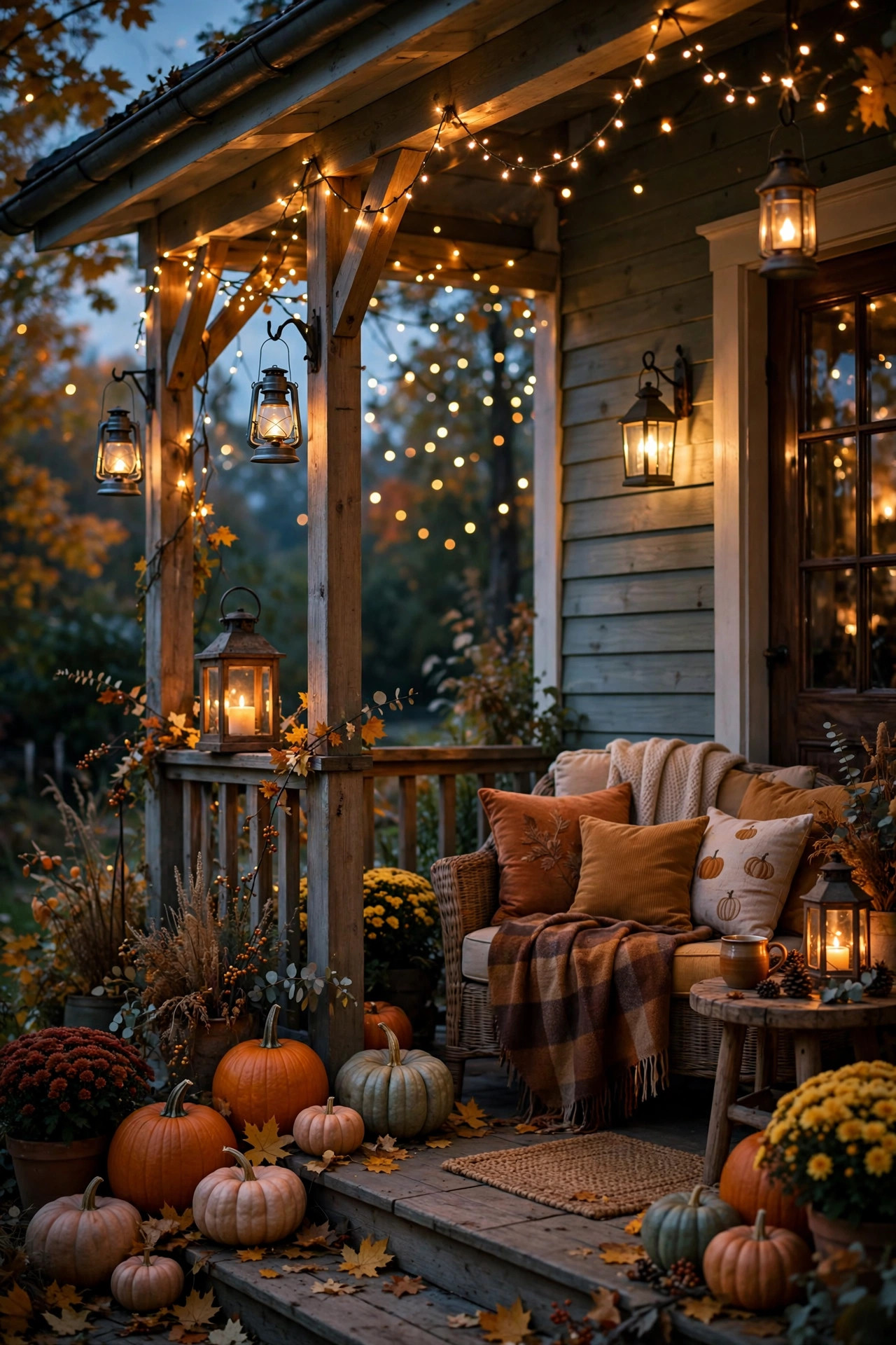 Warm glowing lanterns and string fairy lights decorating a front porch at dusk with pumpkins nearby