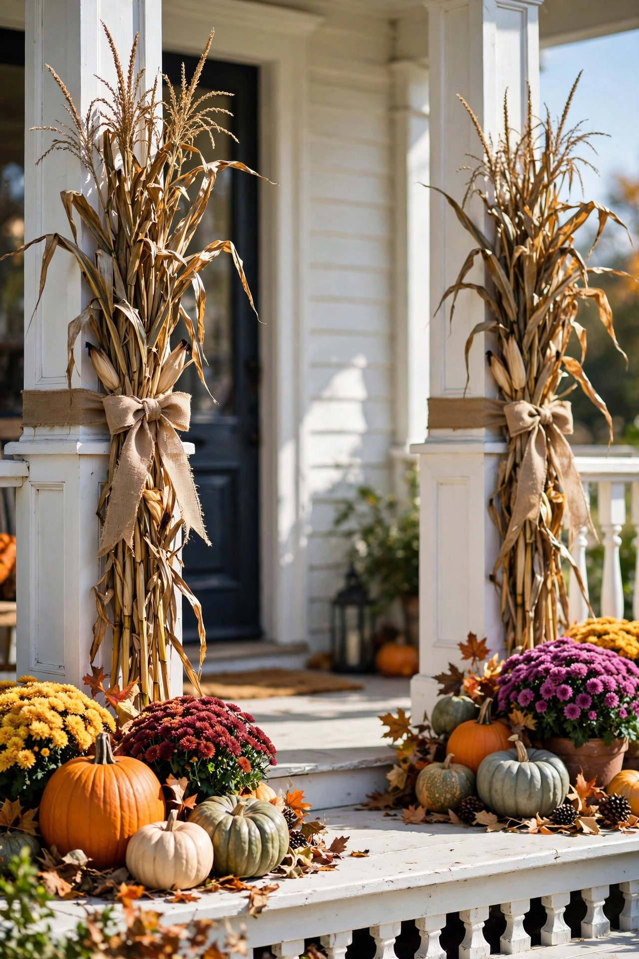 Dried cornstalk bundles tied with burlap ribbon to white porch columns with pumpkins and mums at the base