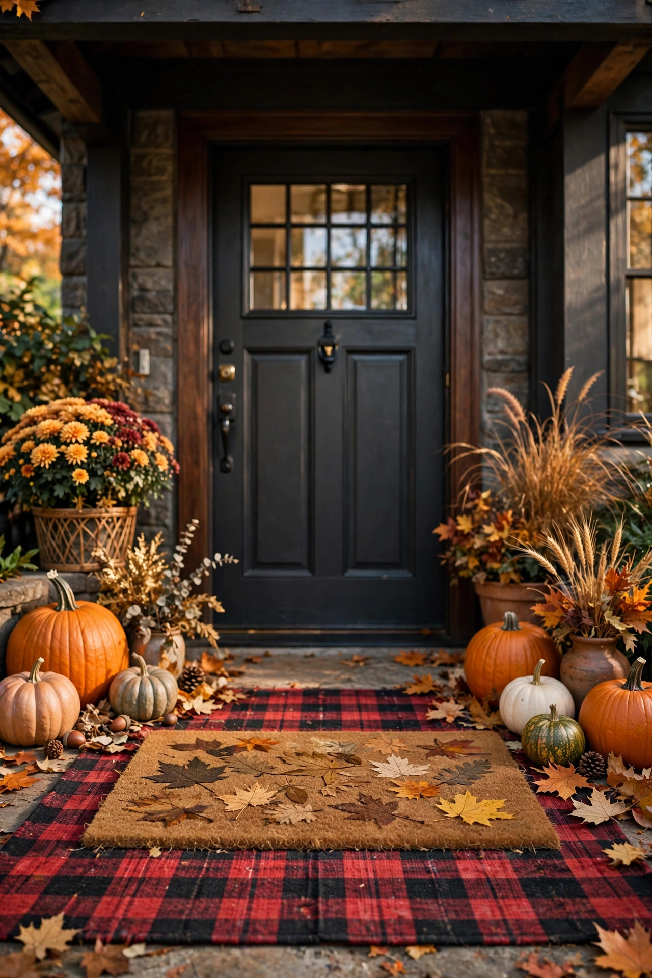 Layered fall doormat over a red and black plaid outdoor rug at a front door with pumpkins on both sides