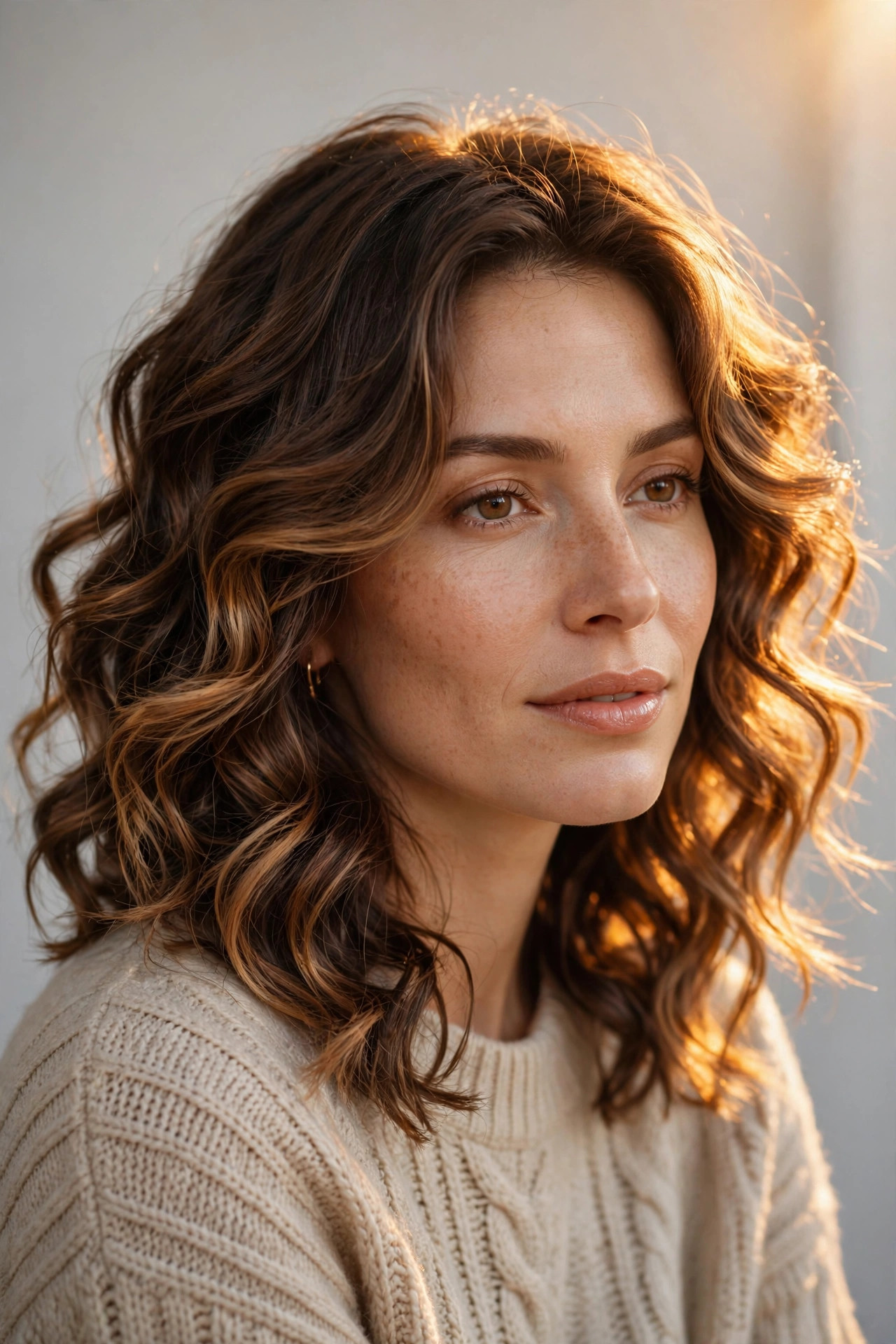 Shoulder-length brunette hair in bouncy curls with warm golden mocha balayage in autumn light