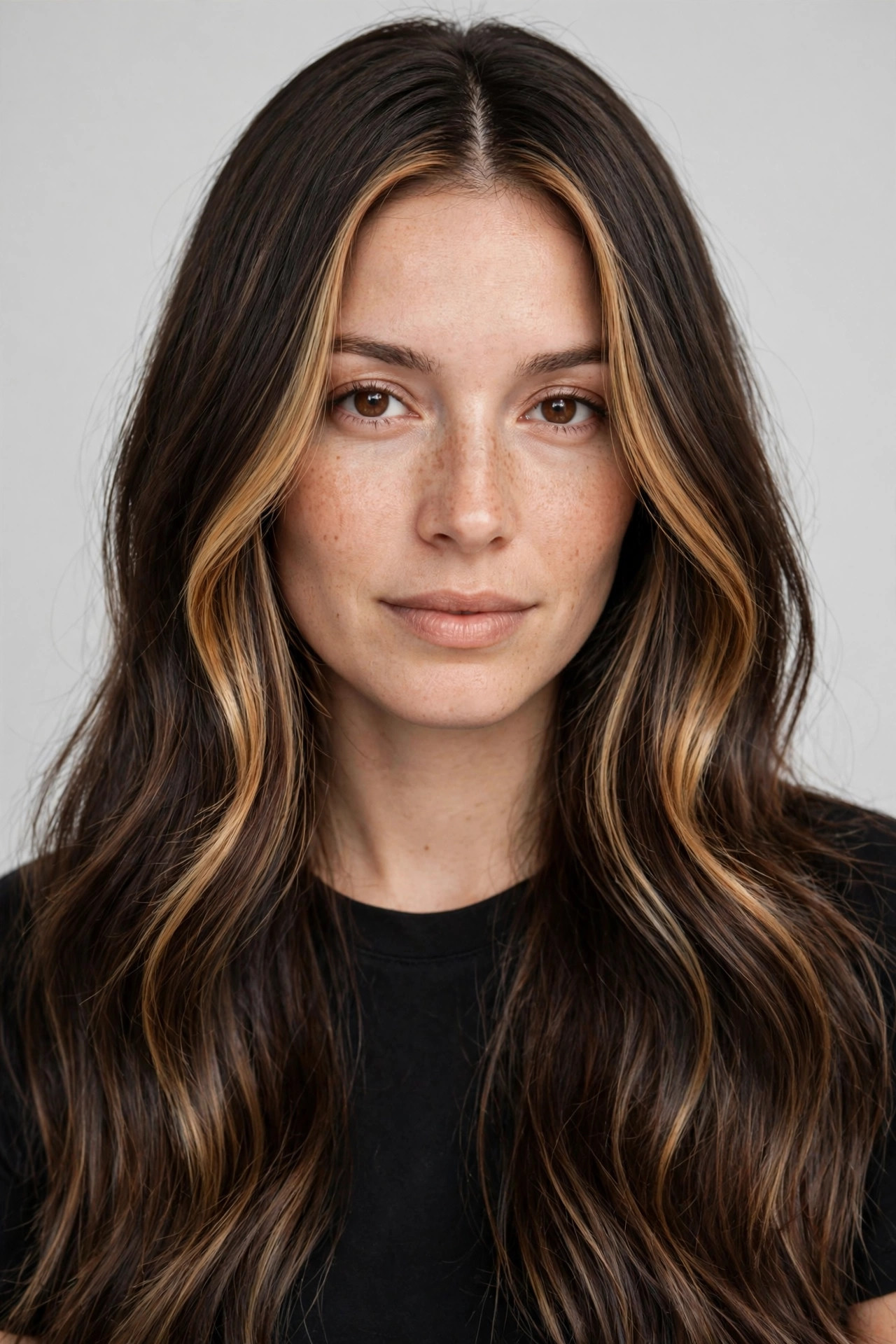 Long dark brown hair with mocha balayage and a bright caramel money piece framing the face