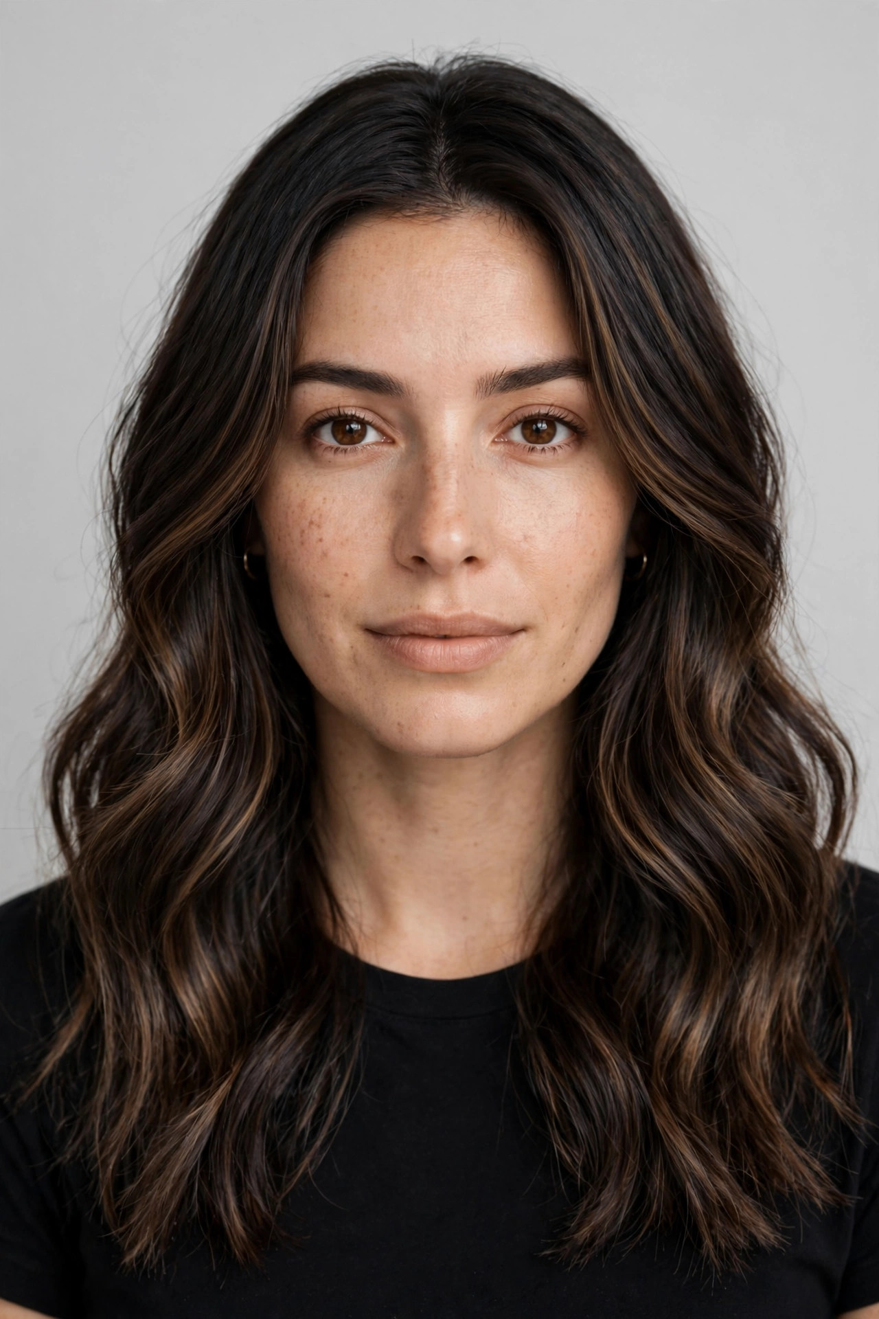 Dark espresso hair with very subtle mocha balayage dimension through the mid-lengths in soft waves