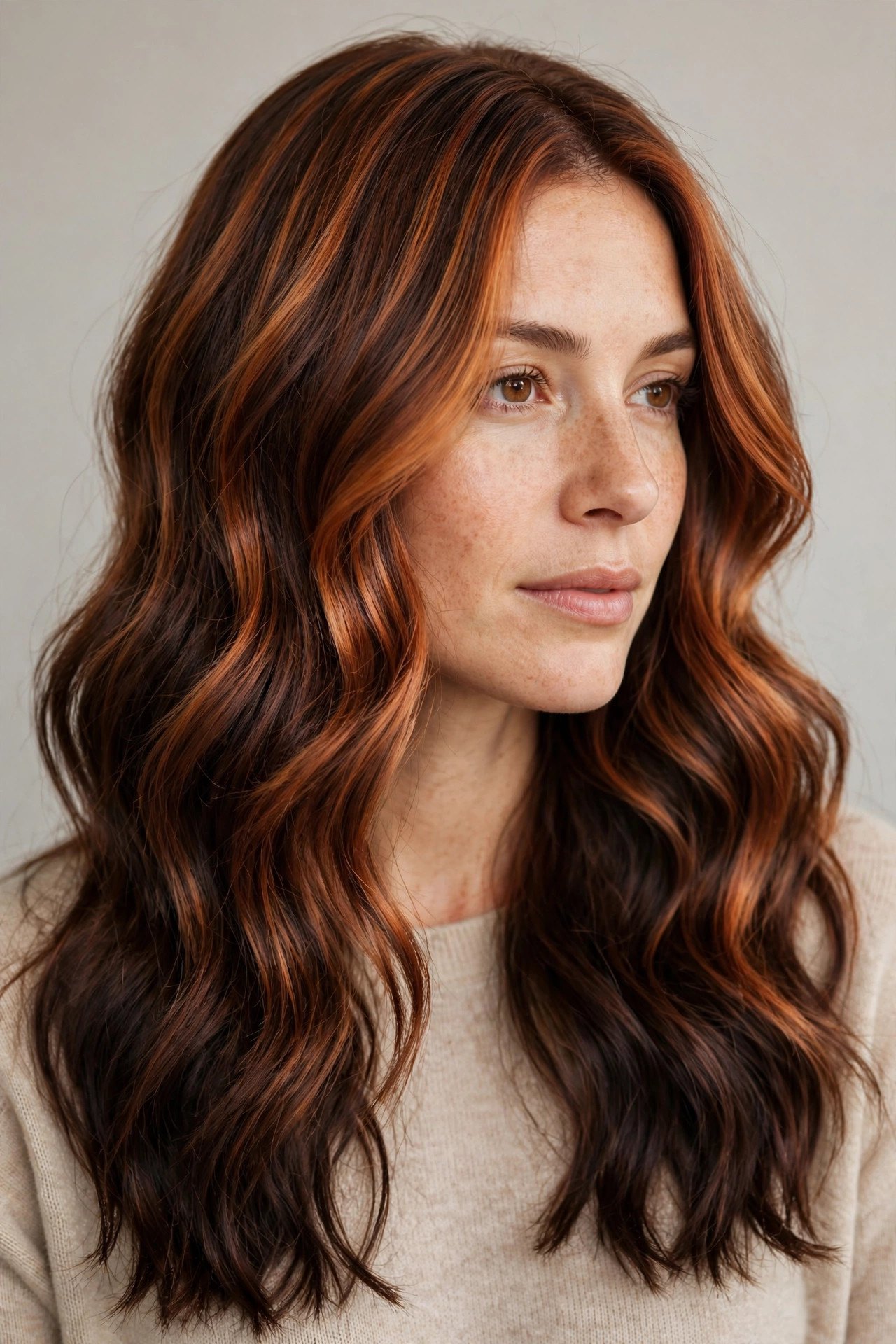 Long wavy hair with copper-mocha balayage fusion blending cinnamon copper and chocolate brown